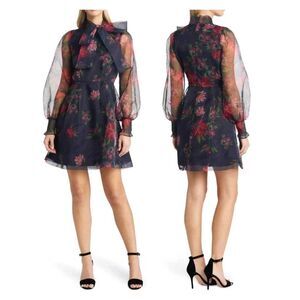 RACHEL PARCELL Floral Tie Neck Long Sleeve Satin Dress Size 12